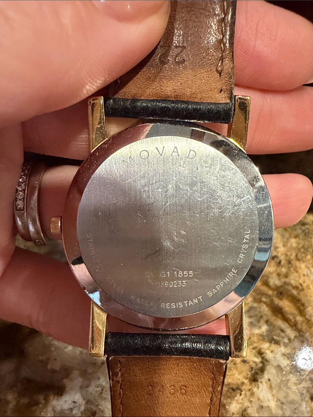 Movado Gold Tone Case with Black Leather Band